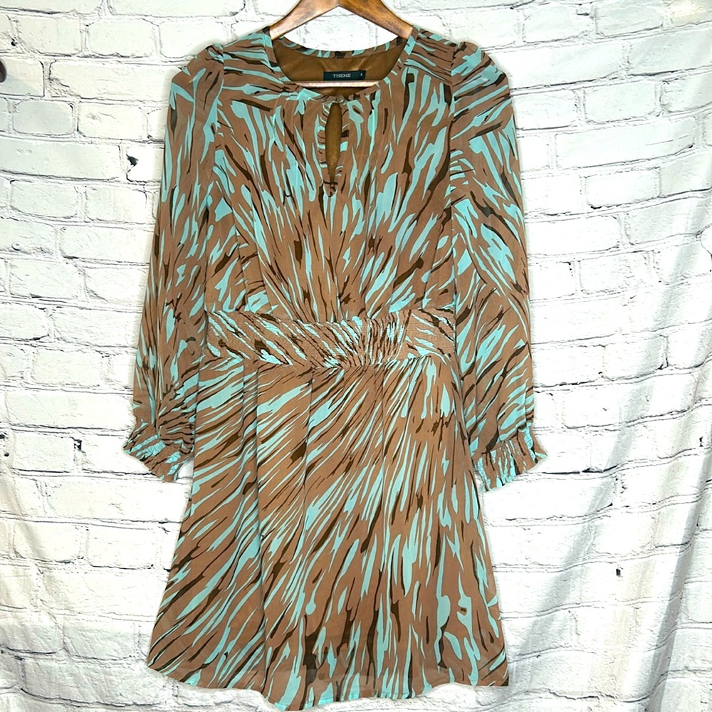 Theme Blue & Brown Long Sleeve Dress Size Small Excellent Condition